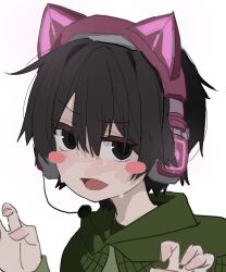  1boy anannnse animal_ear_headphones animal_ears black_eyes black_shoes blush_stickers capelet cat_ear_headphones cat_ears claw_pose commentary fake_animal_ears from_side green_capelet green_hoodie hair_between_eyes headphones highres hood hood_down hoodie long_sleeves looking_at_viewer open_mouth personification pov shoes short_hair simple_background solo upper_body vedal987 vedal_ai white_background 