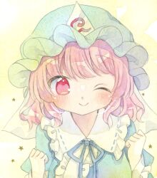  1girl ;) blue_hat blue_kimono blue_ribbon commentary hat highres japanese_clothes kagome_f kimono looking_at_viewer mob_cap neck_ribbon one_eye_closed pink_eyes pink_hair ribbon ribbon-trimmed_collar ribbon_trim saigyouji_yuyuko short_hair smile solo star_(symbol) touhou triangular_headpiece upper_body 
