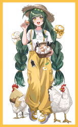  1girl :d absurdres basket bird blunt_bangs blush border braid brown_hat chicken chicken_print commentary_request egg full_body haru_yu hat highres holding holding_basket holding_egg long_hair looking_at_viewer open_mouth pants print_shirt rooster shirt shoes short_sleeves simple_background smile solo standing suspenders touhoku_zunko twin_braids very_long_hair voiceroid white_background white_shirt white_shoes yellow_border yellow_eyes yellow_pants 