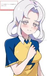  1girl akasode_matsuri_(inazuma_eleven) blush closed_mouth commentary_request eyelashes fan_request grey_eyes grey_hair gym_uniform hair_rings highres inazuma_eleven_(series) inazuma_eleven_victory_road raimon raimon_soccer_uniform sakunjak shirt short_sleeves sidelocks soccer_uniform solo sportswear upper_body white_background 