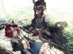  2girls animal_ears black_dress black_gloves blue_eyes chain closed_eyes closed_mouth coat commentary dark-skinned_female dark_skin dress ear_covers earclip eyepatch flower frankenstein's_monster_costume frilled_sleeves frills gloves gold_chain hair_between_eyes hair_ornament hat hat_feather hgrao highres holding_hands horse_ears horse_girl horse_tail jewelry light_smile long_sleeves looking_at_another multicolored_hair multiple_girls object_through_head official_alternate_costume one_eye_covered open_clothes open_coat pantyhose patch red_hair screw_in_head short_hair shoulder_patch single_ear_cover sitting stitched_face stitches symboli_kris_s_(jetblack_automaton)_(umamusume) symboli_kris_s_(umamusume) tail tanino_gimlet_(applause_of_fortuna)_(umamusume) tanino_gimlet_(umamusume) tilted_headwear two-tone_hair umamusume untranslatable_commentary white_flower white_hair white_pantyhose 