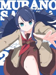 1girl :/ blue_eyes blue_hair brown_cardigan brown_dress cardigan character_name closed_mouth commentary countdown dress feet_out_of_frame floating_hair hair_intakes hajimari_no_haneoto hasu_no_sora_school_uniform highres long_hair long_sleeves love_live! love_live!_hasu_no_sora_jogakuin_school_idol_club mifukuzawa mole mole_on_neck murano_sayaka neckerchief open_cardigan open_clothes red_neckerchief sailor_collar sailor_dress school_uniform solo v-shaped_eyebrows virtual_youtuber white_sailor_collar winter_uniform 