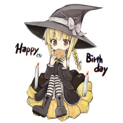  1girl ? amakaze_sora black_jacket black_skirt blonde_hair boots borrowed_character bow braid brown_eyes burger candle commentary_request eating fire food grey_boots grey_bow grey_hat happy_birthday hat hat_bow holding holding_food jacket knees_up long_hair original simple_background sitting skirt solo striped_clothes striped_thighhighs thigh-highs thighhighs_under_boots white_background witch_hat 