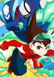  2boys absurdres blue_shorts brown_eyes brown_hair clenched_hands closed_mouth colored_sclera commentary_request eyewear_on_head fingerless_gloves geo_stelar_(mega_man) gloves highres jewelry looking_at_viewer male_focus mega_man_(series) mega_man_star_force_(series) multiple_boys necklace omega-xis_(mega_man) open_mouth red_eyes red_gloves red_sclera red_shirt red_shoes running shirt shoes shorts smile spiky_hair wako_kazumitsu 