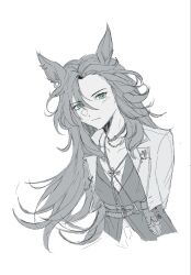  1girl ac3h1gh animal_ear_piercing animal_ears arms_behind_back belt blush bright_pupils choker commentary_request cropped_jacket cropped_torso dot_nose eyes_visible_through_hair green_eyes hair_between_eyes highres horse_ears horse_girl jacket jewelry korean_commentary leaning_forward long_hair looking_at_viewer midriff_peek necklace o-ring o-ring_belt pants shirt simple_background smile solo speed_symboli_(umamusume) spot_color umamusume upper_body white_background white_pupils 