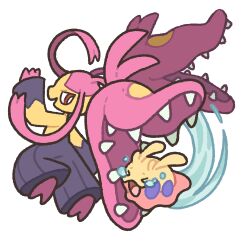  >_< absurdres alternate_color battle commission crying fighting goomy highres ko-fi_commission looking_at_another lozyrosie mawile mega_mawile pink_hair pokemon pokemon_(creature) red_eyes sharp_teeth shiny_pokemon smug tears teeth 