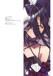  1girl absurdres ahoge animal_ears bare_shoulders black_choker black_dress black_hair blush border breasts choker collarbone criss-cross_halter cropped cropped_torso curtained_hair dress dutch_angle dyed_ahoge flower fujiyama_ichiha hair_between_eyes hair_over_one_eye half-closed_eyes halftone halterneck highres horse_ears long_bangs long_hair long_sidelocks looking_at_viewer manhattan_cafe_(mysterious_rose)_(umamusume) manhattan_cafe_(umamusume) official_alternate_costume official_alternate_hairstyle pillarboxed purple_flower rose sidelocks small_breasts smile solo straight-on teeth translation_request umamusume veil white_border white_flower yellow_eyes 
