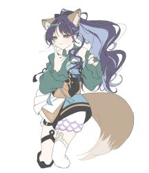  1girl animal_ears blue_hair blue_nails cho_kaguya-hime! closed_mouth colored_inner_hair commentary detached_sleeves fox_ears fox_girl fox_tail highres index_finger_raised karin_(makaron) long_hair multicolored_hair nail_polish ponytail sakayori_iroha sakayori_iroha_(movie_rerelease) sakayori_iroha_(tsukuyomi) simple_background single_thighhigh solo tail thigh-highs translated white_background 