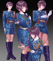  1girl absurdres belt boots breasts brown_eyes coat commentary_request gloves hat highres large_breasts leveen looking_at_viewer mature_female medal military_hat military_uniform necktie original purple_hair putting_on_gloves school_uniform shirt short_hair solo standing thighs white_gloves white_shirt 