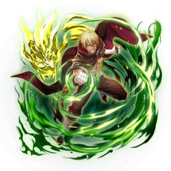 1boy :d artist_request attacking_viewer blonde_hair boots brown_cloak brown_gloves brown_pants cloak elbow_gloves fire full_body game_asset gloves grand_summoners green_fire hair_between_eyes hands_up knee_boots looking_at_viewer male_focus messy_hair multicolored_gloves official_art open_mouth pants red_cloak short_hair simple_background smile solo straight-on tensei_shitara_slime_datta_ken toned toned_male transparent_background two-sided_cloak two-sided_fabric two-tone_gloves v-shaped_eyebrows veldora_(tensura) white_boots white_gloves 