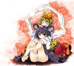  animal_ears autumn_(artist) barefoot blonde_hair closed_eyes feet grey_hair hair_ornament lowres mouse_ears nazrin panchira_sit panties pantyshot pantyshot_sitting red_eyes shawl short_hair sitting toramaru_shou touhou underwear white_panties 