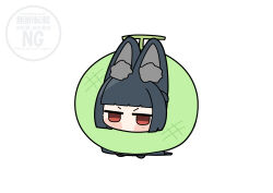  1girl absurdres animal_ear_fluff animal_ears aqua_jacket black_hair black_necktie black_skirt chibi commentary_request food fox_ears fox_girl fruit fruit_costume full_body highres hoshimi_miyabi jacket long_hair melon necktie red_eyes shinonome_nashi shirt skirt solo white_background white_shirt zenless_zone_zero 