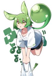  1girl :o absurdres animal_ears bag black_shorts blush commentary_request datemegane double-parted_bangs edamame full_body green_hair green_shoes grocery_bag hair_between_eyes highres holding holding_bag legs_up long_hair open_mouth ribbed_socks shirt shoes shopping_bag short_sleeves shorts simple_background socks solo spring_onion t-shirt voicevox white_background white_shirt white_socks yellow_eyes zundamon 