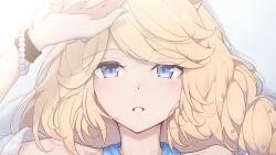  1girl animal_ears bare_shoulders bead_bracelet beads blonde_hair blue_dress blue_eyes blue_nails bracelet chahiro close-up dress eyes_visible_through_hair fingernails gold_city_(gentle_moon)_(umamusume) gold_city_(umamusume) hair_ornament halterneck hand_on_own_head highres horse_ears horse_girl jewelry light_blush long_hair looking_at_viewer nail_polish official_alternate_costume shadow shawl solo umamusume white_background white_shawl wristband 
