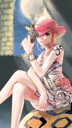  1girl :q bracelet brown_eyes compass cowboy_hat crossed_legs dress eyelashes gun hat hat_over_one_eye highres holding holding_gun holding_weapon jewelry log_pose nami_(one_piece) one_eye_covered one_piece orange_hair pink_hat short_hair shoulder_tattoo sitting solo tattoo third-party_source tongue tongue_out ume_(ume_boshi1020) weapon white_dress 