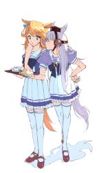  2girls animal_ears arms_around_another's_back blonde_hair blue_eyes bow bowtie cup dress food gold_city_(umamusume) gold_ship_(umamusume) holding holding_tray horse_ears horse_girl horse_tail long_hair multiple_girls pillbox_hat puffy_short_sleeves puffy_sleeves roku_(tsua-kihuyu) sandwich school_uniform shoes short_sleeves tail tea teacup thigh-highs tracen_school_uniform tray umamusume white_background white_hair white_thighhighs 