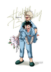  2boys :d anime_coloring aqua_eyes aqua_hair arm_at_side artist_name bakugou_katsuki bandaged_arm bandaged_head bandages barefoot birthday blonde_hair blue_pants boku_no_hero_academia bouquet bright_pupils canvas_texture carrying carrying_person carrying_under_arm circle_name cocked_eyebrow commentary_request cursive dated english_commentary english_text flower_request freckles full_body furrowed_brow gauze gauze_on_cheek green_eyes green_slippers happy_birthday highres holding holding_bouquet hospital_gown looking_at_viewer looking_to_the_side male_focus midoriya_izuku mixed-language_commentary multiple_boys nikaidou_iroha open_mouth pants partial_commentary raised_eyebrow red_eyes sanpaku shadow short_hair short_sleeves sideways_glance simple_background single_vertical_stripe slippers smile spiky_hair standing text_background tsurime typo white_background white_pupils 