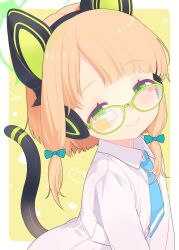  1girl animal_ear_headphones animal_ears bilingual_commentary blonde_hair blue_archive blue_necktie blunt_bangs blush border bow cat_ear_headphones cat_ears cat_tail closed_mouth collared_shirt commentary_request english_commentary fake_animal_ears glasses green-framed_eyewear green_background green_bow green_eyes green_halo hair_bow halo headphones highres looking_at_viewer mechanical_tail midori_(blue_archive) mixed-language_commentary necktie outside_border saga_inu shirt short_hair simple_background smile solo tail upper_body white_border white_shirt 