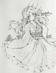  1girl absurdres alternate_hair_length_(longer) blush carbohydrate_(asta4282) character_name closed_mouth commentary_request frilled_kimono frills full_body greyscale highres japanese_clothes kimono long_hair long_sleeves looking_at_viewer missing_headwear monochrome obi sash smile solo sukuna_shinmyoumaru touhou traditional_media translation_request very_long_hair wide_sleeves 