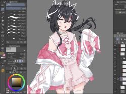 1girl 2026 2d ahoge art_program_in_frame artist_self-insert black_hair breasts choker clip_studio_paint_(medium) commentary detached_sleeves digital_media english_commentary eyelashes fairyctrl female garter_straps grey_background hair_ornament hair_ribbon hairclip heart_hair_ornament heterochromia highres human jacket long_hair long_sleeves original original_character pink_eyes pink_skirt ribbon simple_background skirt sleeves_past_fingers sleeves_past_wrists thigh-highs white_choker white_eyes white_hairclip white_jacket white_ribbon white_sleeves white_thighhighs