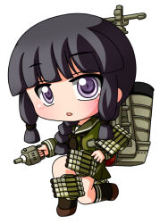  1girl black_hair black_necktie black_socks blunt_bangs blunt_tresses blush brown_shoes chibi chibi_only commentary_request double_horizontal_stripe full_body green_sailor_collar green_serafuku green_shirt green_skirt kantai_collection kitakami_(kancolle) kneehighs long_sleeves necktie on_one_knee open_mouth pleated_skirt rigging sailor_collar school_uniform serafuku shinjitsu shirt shoes short_hair sidelocks simple_background skirt socks solo violet_eyes white_background 