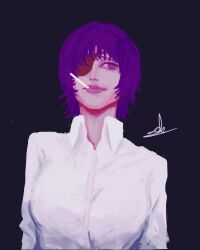  absurdres black_background chainsaw_man cigarette cropped_torso eyepatch highres himeno_(chainsaw_man) odd_eyesss purple_hair purple_theme shirt short_hair signature smile smoking tagme unlit_cigarette_in_mouth violet_eyes white_shirt 
