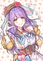  1girl animal_ear_headwear animal_ears animification beret blue_bow blush bow braid breasts brown_eyes brown_hat cherry_background commentary_request dress food-themed_background fushigi_to_kimi_to_library grin half-heart_hands hanamiya_nina hat highres holding holding_microphone large_breasts long_hair long_sleeves lop_rabbit_ears love_live! love_live!_hasu_no_sora_jogakuin_school_idol_club meiji_(mosamoo3) microphone mole mole_under_eye purple_hair rabbit_ear_headwear rabbit_ears real_life side_braids smile solo sparkle translation_request twitter_username voice_actor yellow_dress 