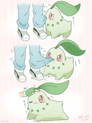  :3 ;3 artist_name ash_ketchum biting blue_pants blush chikorita commentary_request duplicate fingerless_gloves gloves green_gloves heart mugita_konomi one_eye_closed pants pokemon pokemon_(anime) pokemon_(classic_anime) pokemon_(creature) red_eyes shoes sneakers striped_background sweatdrop white_shoes 