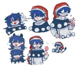  !? 1girl :3 alternate_hair_length_(longer) animal_ears black_capelet blue_eyes blue_hair blush_stickers book capelet chinese_commentary closed_mouth commentary_request doremy_sweet dream_soul dress empty_eyes full_body fur-trimmed_headwear fur_trim hair_between_eyes half-closed_eyes hand_up hat highres holding holding_book kemonomimi_mode l_fzxxxx long_hair long_sleeves looking_afar looking_at_viewer missing_headwear multiple_views nightcap no_eyes open_mouth pom_pom_(clothes) puffy_long_sleeves puffy_sleeves red_hat short_hair simple_background sitting smile speech_bubble surprised sweat tail teeth touhou turtleneck turtleneck_dress upper_body white_background white_dress 