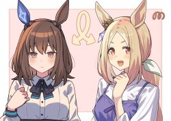  07nono06 2girls admire_vega_(umamusume) alternate_hair_length_(longer) alternate_hair_length_(shorter) alternate_hairstyle animal_ears arrow_(symbol) black_bow blonde_hair blush bow breasts brown_hair closed_mouth collared_shirt commentary_request ear_covers hair_between_eyes hair_length_switch hairstyle_switch highres horse_ears horse_girl long_hair long_sleeves looking_at_viewer low_ponytail multiple_girls narita_top_road_(casual)_(umamusume) narita_top_road_(umamusume) open_mouth ponytail purple_tank_top shirt short_hair single_ear_cover smile tank_top umamusume upper_body violet_eyes white_shirt 