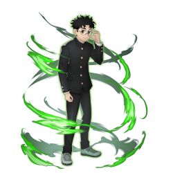  1boy adjusting_eyewear artist_request black_hair black_jacket black_pants brown_eyes buttons closed_mouth commentary dandadan english_commentary full_body gakuran game_asset glasses grand_summoners jacket kami_high_school_uniform long_sleeves looking_at_viewer male_focus official_art pants round_eyewear school_uniform short_hair simple_background solo standing takakura_ken_(dandadan) third-party_source transparent_background 