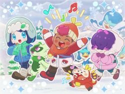  1boy 2girls arms_up beanie blue_coat blue_eyes blush_stickers brown_pants cetoddle coat commentary_request dot_(pokemon) floragato fuecoco full_body hair_over_eyes hat highres hood hood_down liko_(pokemon) multiple_girls open_mouth pants pine_tree pink_coat pokemon pokemon_(anime) pokemon_horizons quaxwell red_coat reverse_trap roy_(pokemon) runachikku snow tree winter 