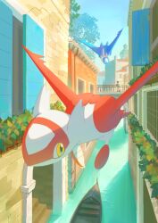  1girl bianca_(pokemon_heroes) boat bridge brown_hair building canal claws commentary_request day flying lamppost latias latios luna_mokamoka outdoors pokemon pokemon_(anime) pokemon_(classic_anime) pokemon_(creature) pokemon_heroes:_latios_&amp;_latias sky stairs two_side_up watercraft window yellow_eyes 