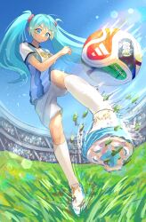  2026_fifa_world_cup absurdres adidas aqua_hair argentina argentinian_flag argentinian_flag_print argentinian_miku argentinian_national_soccer_team_uniform asociacion_del_futbol_argentino ball blue_sky blush breasts cleats commentary flag_print grass hair_ornament hair_scrunchie hatsune_miku highres keymeyy kicking long_hair motion_blur open_mouth outdoors playing_sports scrunchie shirt short_sleeves shorts sky small_breasts soccer soccer_ball soccer_field soccer_uniform socks sportswear twintails vocaloid white_shorts white_socks world_cup worldwide_miku 