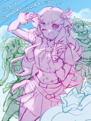  3girls :d ;d arm_up blue_sky blunt_bangs buttons clouds commentary day dou-da?_doing! double-breasted goto_akira high_ponytail highres ikizulive!_love_live!_bluebird kanazawa_miracle long_hair looking_at_viewer love_live! midriff miniskirt multiple_girls navel one_eye_closed open_mouth outdoors pleated_skirt ponytail ruoguiling short_sleeves sidelocks skirt sky smile two_side_up unfinished v v-shaped_eyebrows v_over_eye yamada_midori 