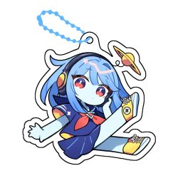  1girl blue_hair blue_sailor_collar blue_serafuku blue_shirt blue_skin blue_skirt blunt_bangs chibi chibi_only closed_mouth colored_skin commentary_request dot_mouth full_body headphones kanyoko_(yuzukano_17) long_hair looking_at_viewer neckerchief original outline pleated_skirt red_eyes red_neckerchief sailor_collar school_uniform serafuku shirt shoes short_sleeves simple_background single_hair_intake skirt sneakers solo white_background white_outline yellow_shoes 