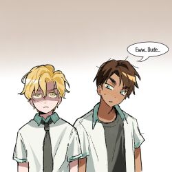  2boys alien_stage black_necktie black_shirt blonde_hair brown_hair collared_shirt contrast_collar dark-skinned_male dark_skin english_text frown grey_eyes hherk11 highres hyunwoo_(alien_stage) layered_shirt male_focus megurine_luka multiple_boys necktie open_clothes open_shirt school_uniform shirt short_hair short_sleeves speech_bubble very_short_hair white_shirt yellow_eyes 