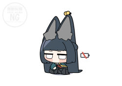  1girl absurdres animal_ear_fluff animal_ears aqua_jacket battery_indicator black_hair black_necktie black_skirt chibi commentary_request fox_ears fox_girl full_body highres hoshimi_miyabi jacket long_hair necktie shinonome_nashi shirt sitting skirt solo white_background white_shirt zenless_zone_zero 