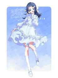  1girl :d aokaze_nana blue_bow blue_dress blue_eyes blue_hair blue_shoes bow dress dress_bow frilled_dress frills full_body hair_bow hand_on_own_face highres holding_own_dress kimi_to_idol_precure long_hair long_sleeves looking_at_viewer open_mouth precure puffy_long_sleeves puffy_sleeves serizawa_serizane shoes smile socks solo tareme watermark watermark_grid white_socks yellow_bow 