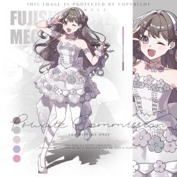  1girl bare_shoulders breasts brown_hair character_name color_guide dress earrings flower-shaped_hair flower_earrings fujishima_megumi full_body grey_dress grey_eyes highres holding holding_microphone ima_kako_mirai_no_sangenshoku jewelry leg_up long_hair looking_at_viewer love_live! love_live!_hasu_no_sora_jogakuin_school_idol_club medium_breasts microphone pantyhose ruoguiling sample_watermark solo strapless strapless_dress virtual_youtuber w watermark white_pantyhose zoom_layer 