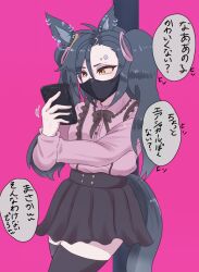  1girl air_shakur_(umamusume) animal_ears black_bow black_bowtie black_hair black_skirt black_thighhighs bow bowtie cellphone commentary_request cowboy_shot ear_chain earrings eyebrow_piercing face_piercing highres holding holding_phone horse_ears horse_girl horse_tail jewelry jirai_kei linked_piercing long_hair long_sleeves looking_at_viewer mask mouth_mask phone piercing pink_background pink_shirt pleated_skirt sasimi0724 shirt simple_background skirt smartphone solo tail thigh-highs translation_request umamusume yellow_eyes 
