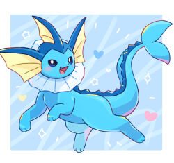  blue_eyes blue_skin blush border colored_skin diamond_(shape) fang fins full_body head_fins heart highres looking_at_viewer neko_gyoza open_mouth pokemon pokemon_(creature) pokemon_focus smile spines vaporeon white_border 