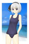  beach blue_eyes flat_chest hairband harara_(makotomakotomakoto) konpaku_youmu one-piece_swimsuit school_swimsuit short_hair silver_hair swimsuit touhou 