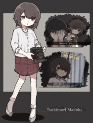  2girls barred_window black_border blue_eyes border brown_eyes brown_hair brown_shirt camera character_name closed_mouth commentary_request covering_face curtains distortion fatal_frame fatal_frame:_mask_of_the_lunar_eclipse frilled_shirt_collar frilled_sleeves frilled_socks frills glitch grey_background grey_shoes hands_up heel_up highres holding holding_camera indoors looking_ahead looking_at_another looking_at_viewer minazuki_ruka miniskirt multiple_girls multiple_views nekokumatta outside_border parted_lips reaching reaching_towards_another red_skirt see-through_curtains shirt shoes short_hair short_sleeves skirt socks standing subtitled sweatdrop three-quarter_sleeves translation_request tsukimori_madoka white_shirt white_socks window 