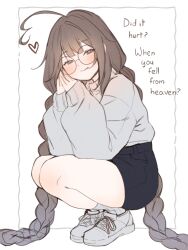  1girl ahoge bare_legs black_shorts blush braid braided_twintails brown_eyes brown_hair closed_mouth commentary crew_neck double-parted_bangs english_commentary english_text full_body grey_shoes grey_socks grey_sweater hands_up heart heart_ahoge highres indie_virtual_youtuber long_hair long_sleeves looking_to_the_side own_hands_together puffy_long_sleeves puffy_sleeves self-portrait shoes short_shorts shorts simple_background sky_above_me sky_above_me_(vtuber) smile sneakers socks solo sweater sweater_tucked_in thighs turning_head very_long_hair virtual_youtuber white_background 