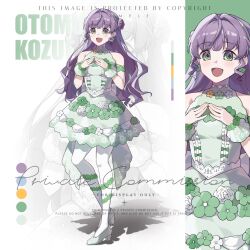  1girl :d bare_shoulders character_name color_guide dress dress_flower earrings flower flower-shaped_hair flower_earrings full_body green_dress green_eyes green_shoes hair_intakes heel_up high_heels highres ima_kako_mirai_no_sangenshoku jewelry long_hair looking_at_viewer love_live! love_live!_hasu_no_sora_jogakuin_school_idol_club open_mouth otomune_kozue pantyhose purple_hair ruoguiling sample_watermark shoes sidelocks sleeveless sleeveless_dress smile standing virtual_youtuber watermark white_pantyhose zoom_layer 