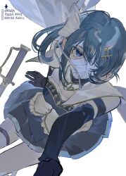 1girl arm_strap armor bandaged_head bandages blue_armor blue_eyes blue_gloves blue_hair blue_skirt breastplate breasts cape commentary_request covered_mouth cowboy_shot detached_sleeves fortissimo frills from_above gloves gold_trim hair_ornament hair_ribbon highres long_sleeves looking_at_viewer magical_girl mahou_shoujo_madoka_magica mahou_shoujo_madoka_magica:_walpurgis_no_kaiten medium_breasts miki_sayaka miki_sayaka_(magical_girl) musical_note musical_note_hair_ornament one_eye_covered ouge_dz pleated_skirt ribbon shirt sitting skirt solo strapless strapless_shirt sword thick_eyelashes thigh-highs weapon white_background white_cape white_ribbon white_shirt white_thighhighs 