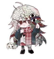 1girl ahoge arm_up black_cardigan black_eyes black_hair black_shirt black_shoes blood blush_stickers buttons cardigan ceciii974 chibi chibi_inset chibi_only closed_mouth clover commentary commission crossed_bangs crosshair_pupils double-parted_bangs empty_eyes english_commentary extra_eyes eyeball four-leaf_clover fringe_trim full_body gift_art gradient_pantyhose grey_hair grey_pantyhose hair_between_eyes head_tilt heterochromia highres holding holding_clover long_hair long_sleeves looking_at_viewer miniskirt mismatched_pupils multicolored_hair open_cardigan open_clothes original pantyhose patterned_hair plaid_clothes plaid_scarf raised_inner_eyebrows red_eyes red_hair red_pupils red_scarf red_skirt scarf shirt shoes sidelocks simple_background single_blush_sticker skirt smile solo standing tareme thank_you veins very_long_hair vest white_background white_vest wide_sleeves 