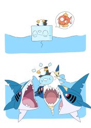  >_< afloat animal_focus bird black_sclera border bright_pupils colored_sclera commentary_request eiscue full_body ice ice_cube igwjgsarifbfo9u looking_at_another magikarp mega_pokemon mega_sharpedo no_humans open_mouth penguin pokemon pokemon_(creature) pokemon_focus red_eyes shark sharp_teeth sharpedo simple_background swimming teeth white_border white_pupils 