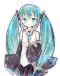  1girl :o amakaze_sora black_skirt black_sleeves blue_eyes blue_hair blue_necktie blush collared_shirt commentary_request detached_sleeves hair_between_eyes hatsune_miku long_hair long_sleeves necktie parted_lips pleated_skirt shirt simple_background sketch skirt sleeveless sleeveless_shirt sleeves_past_wrists solo very_long_hair vocaloid white_background white_shirt wide_sleeves 